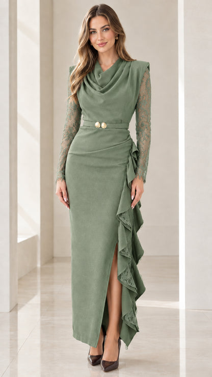Front view of model wearing Sage Green cowl neck lace sleeve evening gown