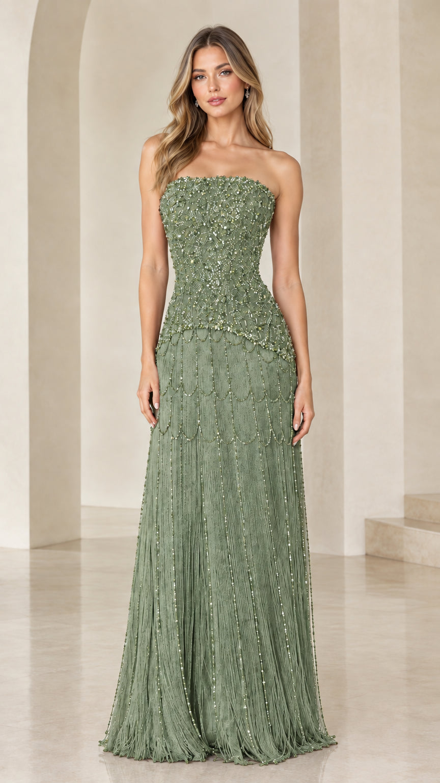 Strapless sage green beaded formal maxi dress with fringe skirt