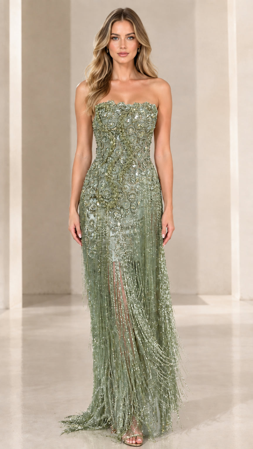 Full-length front view of strapless sage green beaded fringe gown