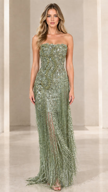 Full-length front view of strapless sage green beaded fringe gown