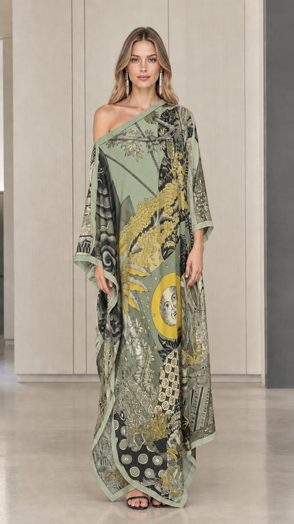 Sage green one-shoulder printed flowing kaftan maxi dress