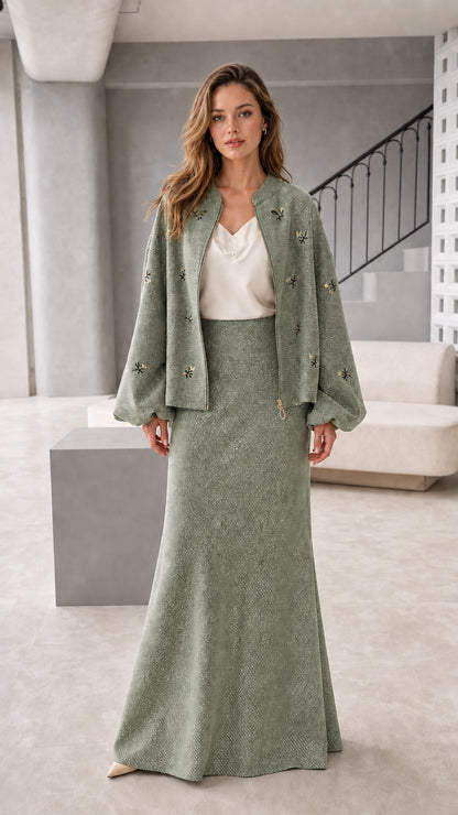 Women's embroidered jacket and maxi skirt set in sage green