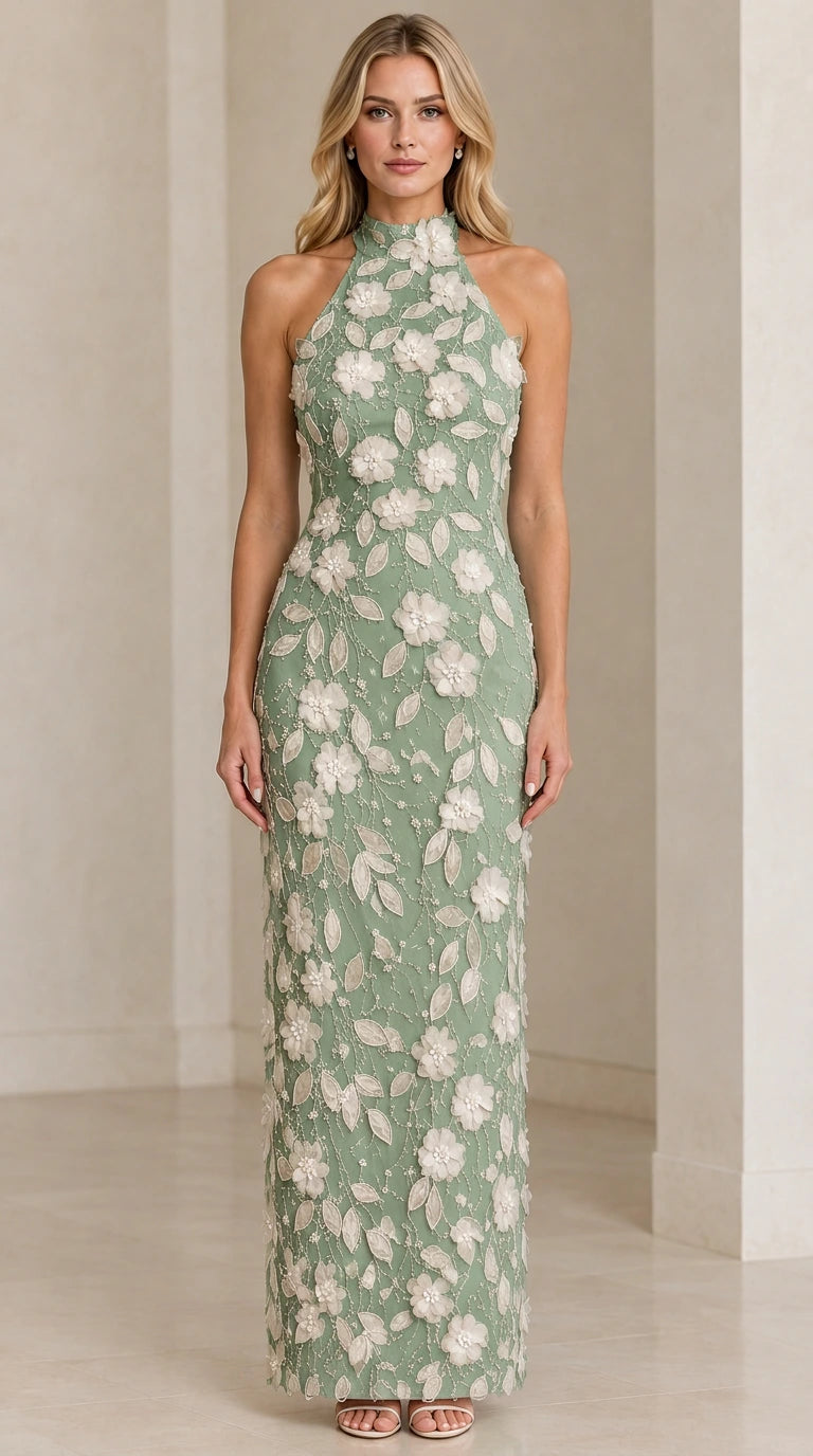 Sage Green floor-length halter evening gown with textured floral embroidery