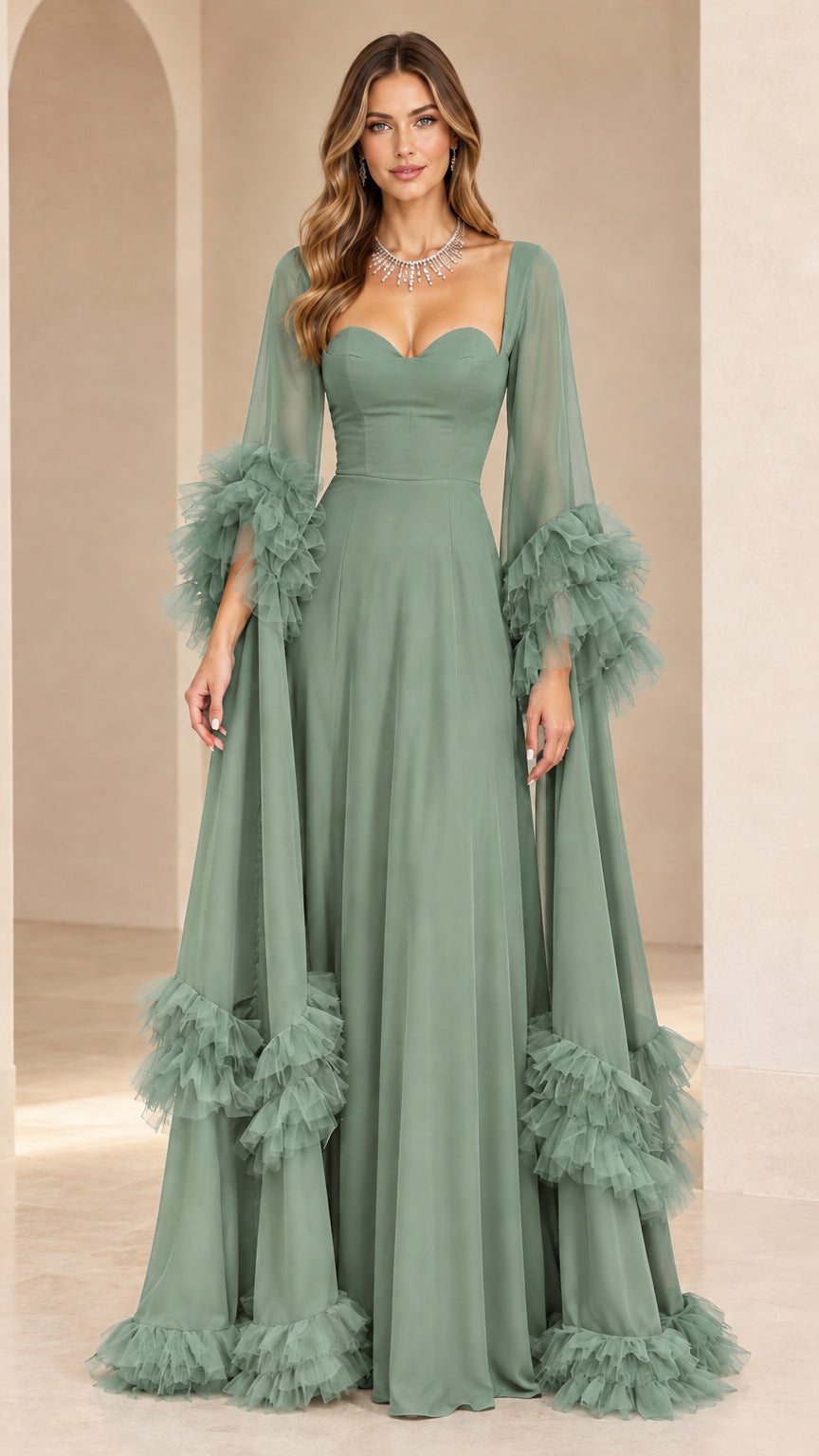 Sage green floor-length evening gown with tiered tulle sleeve ruffles
