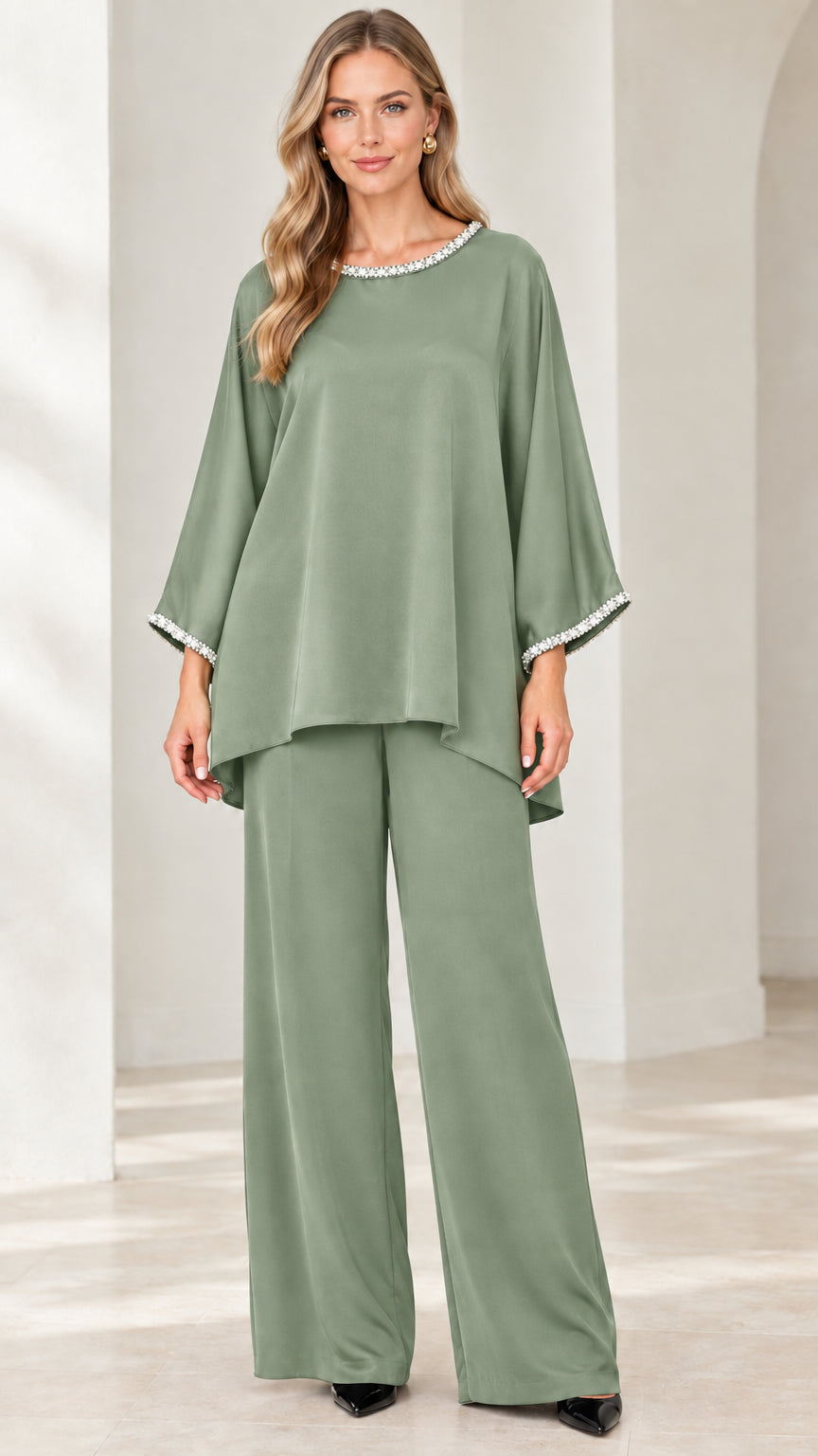 Sage Green relaxed fit tunic and wide-leg pants set with rhinestone trims