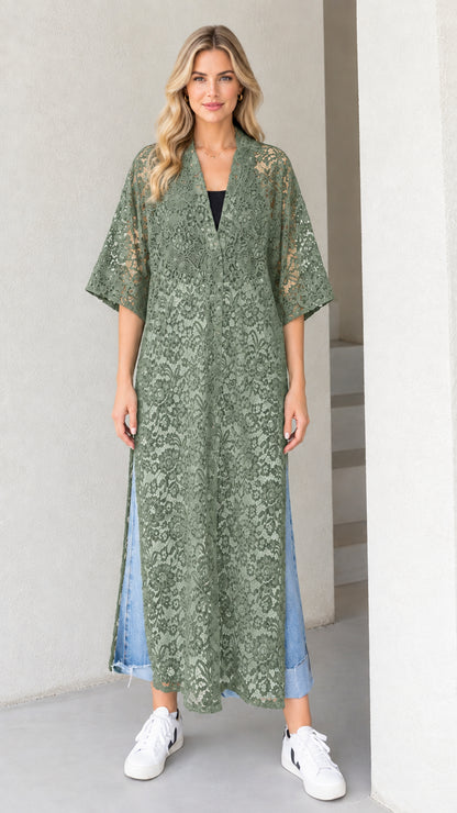 Front view of model wearing sage green floral lace maxi duster cardigan