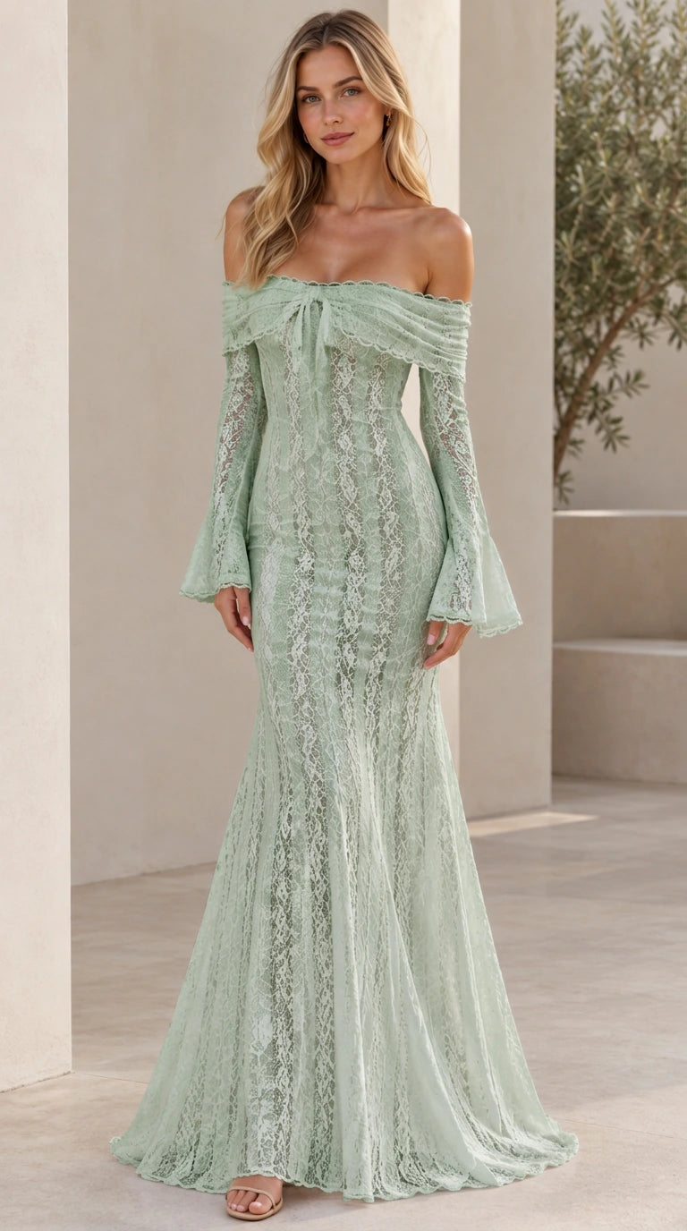 Sage green off-the-shoulder lace mermaid formal dress