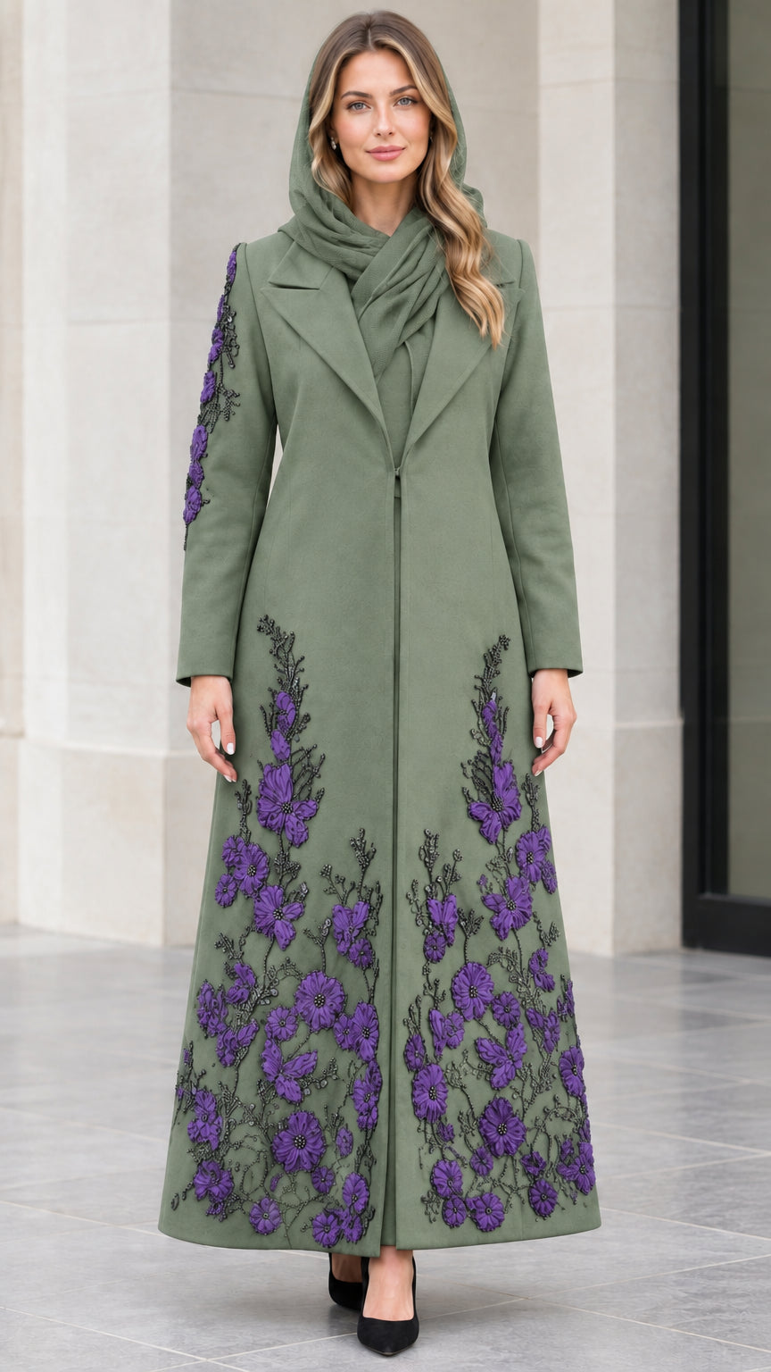 Sage Green longline coat with purple floral embroidery on sleeves and hem