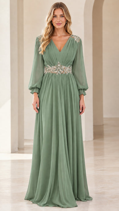Front view of woman wearing sage green pleated chiffon formal maxi dress with beadwork