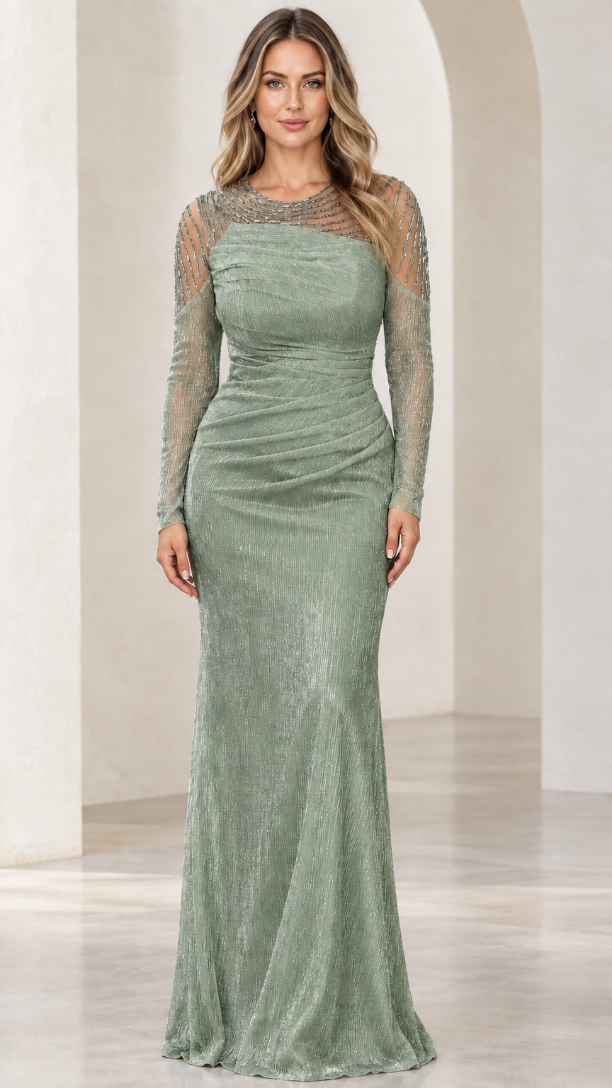 Sage green ruched floor-length gown front view