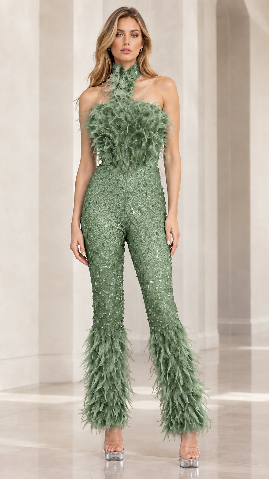 Sage green feather bodice halter sequin jumpsuit full front view