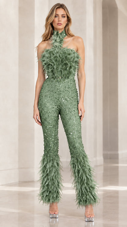 Sage green feather bodice halter sequin jumpsuit full front view