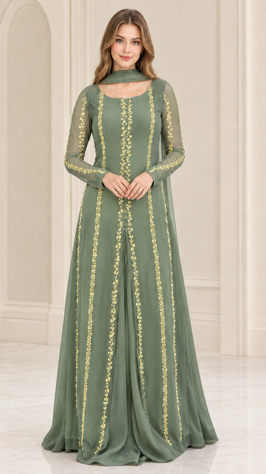 Front view of sage green embroidered floor-length long sleeve gown