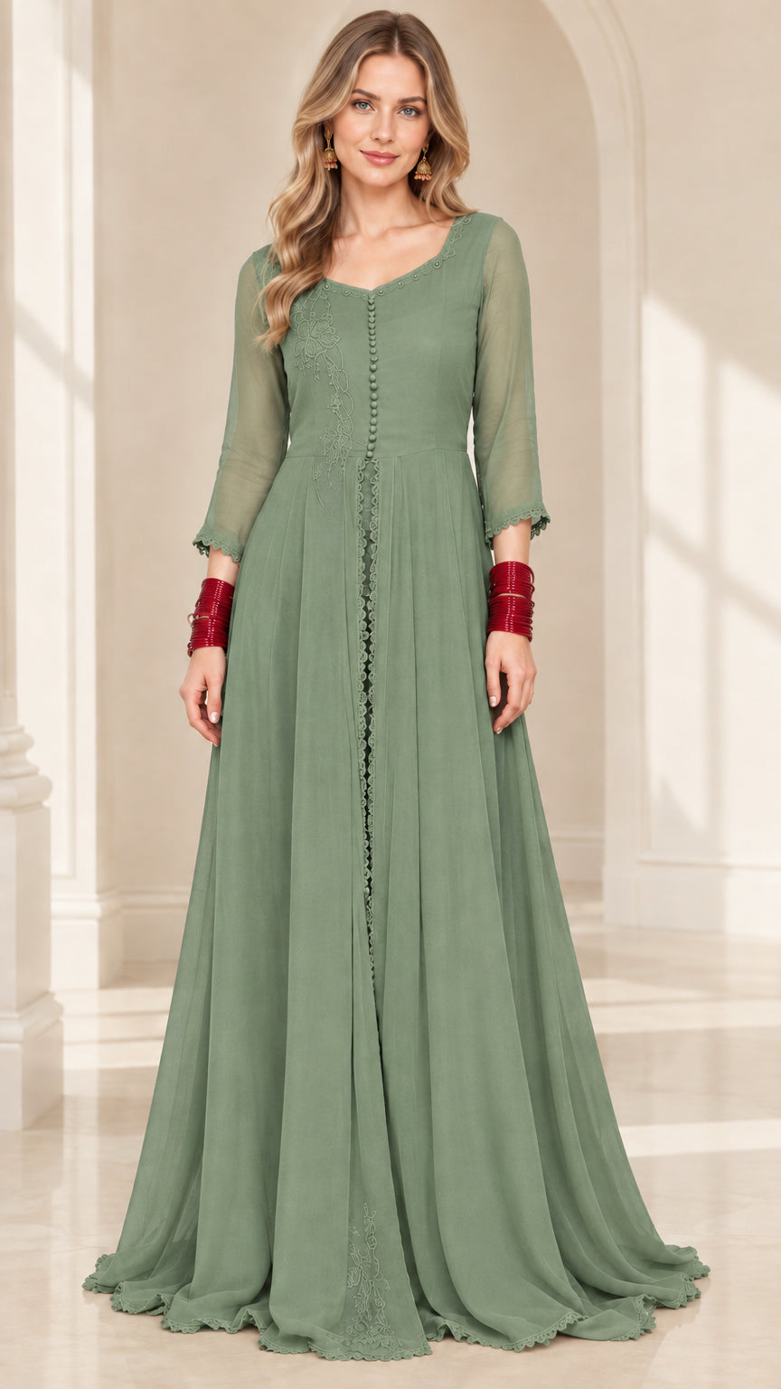 Front view of model wearing sage green chiffon embroidered maxi evening dress