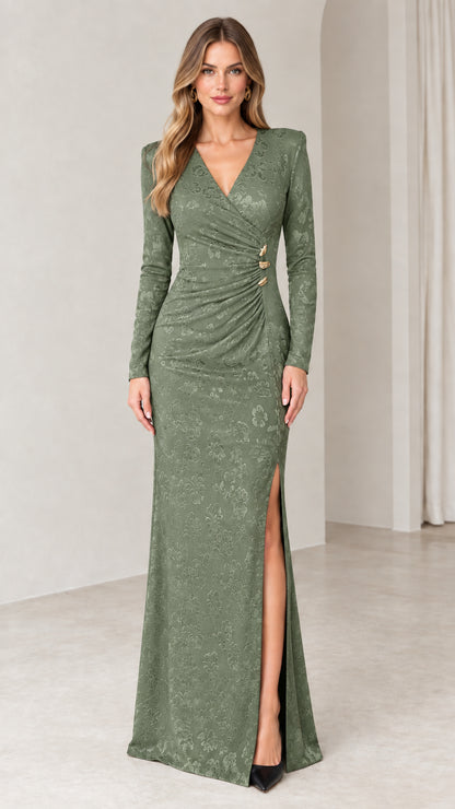 Front full view of woman wearing sage green long sleeve ruched jacquard evening dress