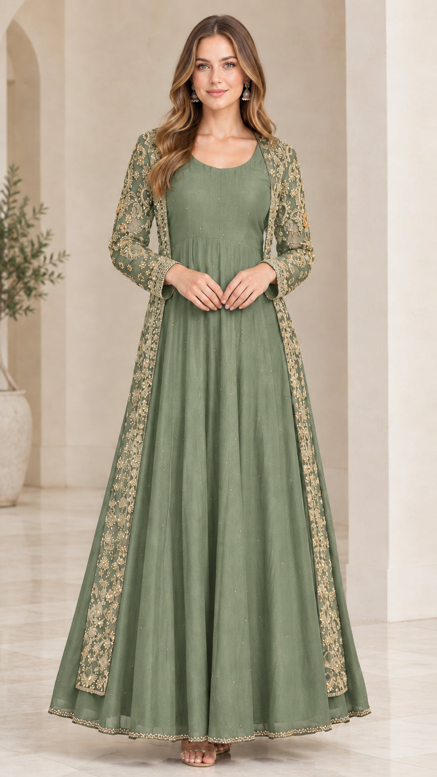 Sage green formal maxi dress paired with gold lace trimmed long jacket