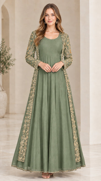 Sage green formal maxi dress paired with gold lace trimmed long jacket