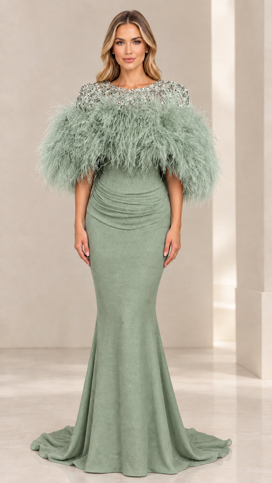 Sage green floor-length mermaid evening gown with feather capelet trim