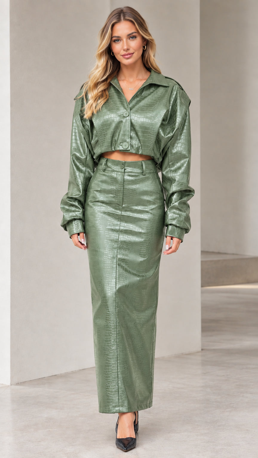 Model wearing sage green crocodile embossed faux leather cropped jacket and maxi skirt set