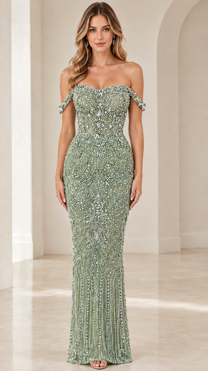 Full front view of Sage Green beaded off-the-shoulder evening gown