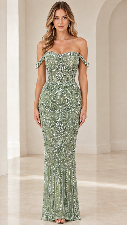Full front view of Sage Green beaded off-the-shoulder evening gown