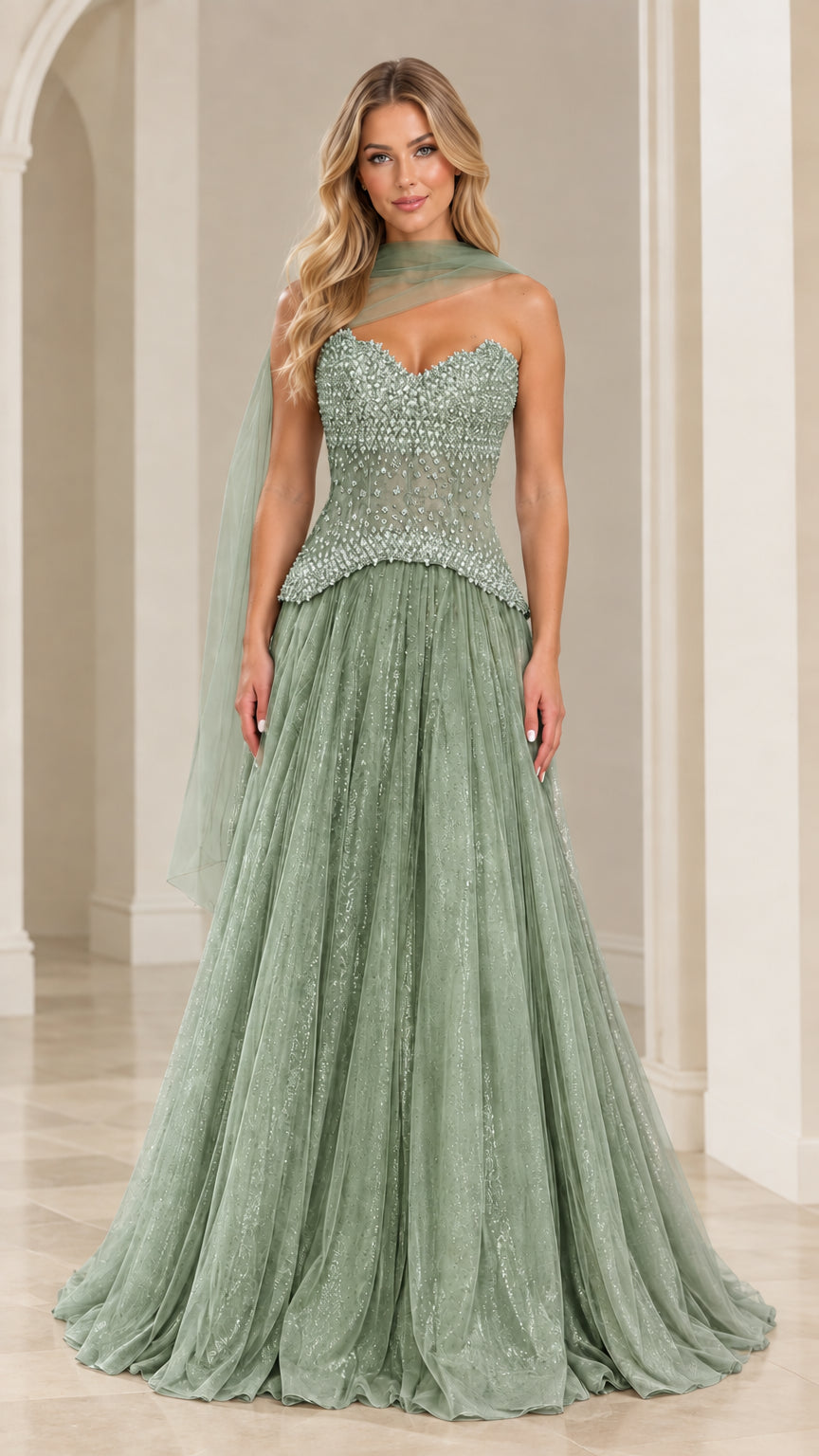 Full front view of sage green strapless embellished corset formal gown with neck streamer