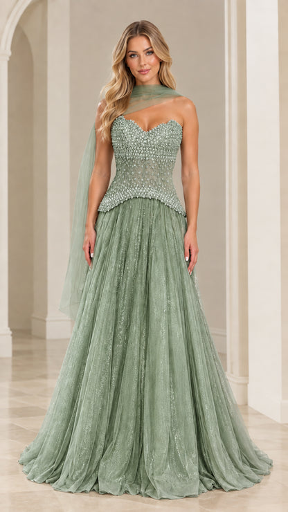 Full front view of sage green strapless embellished corset formal gown with neck streamer