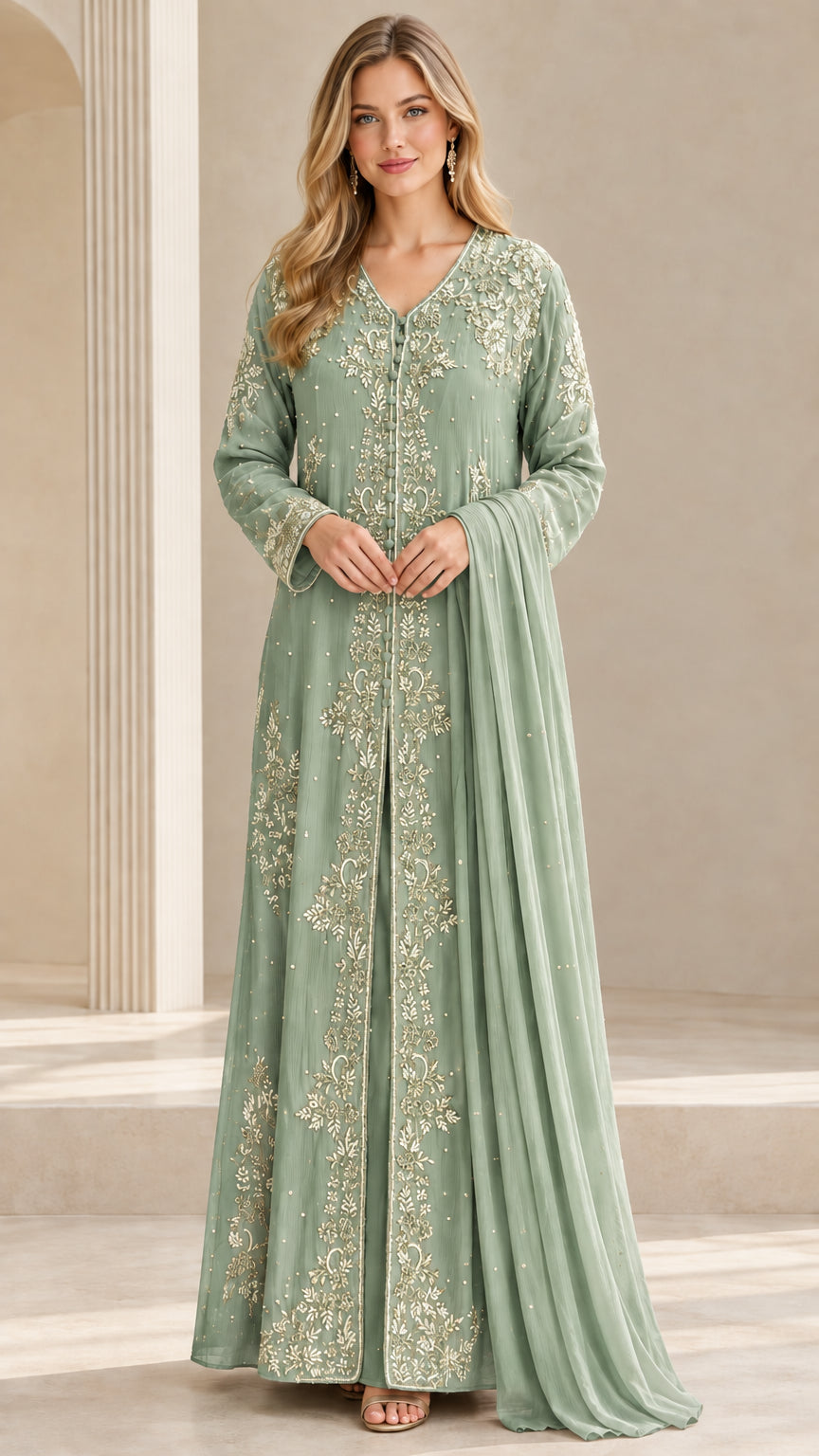 Full front view of sage green embroidered long sleeve formal gown
