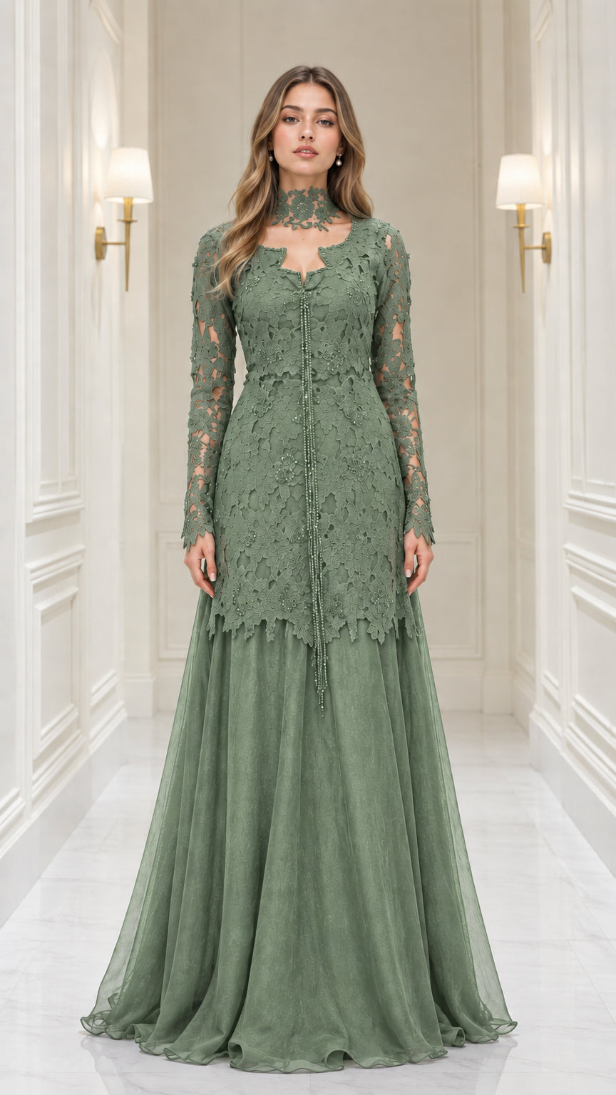 Sage green lace bodice long sleeve formal gown with sweeping skirt
