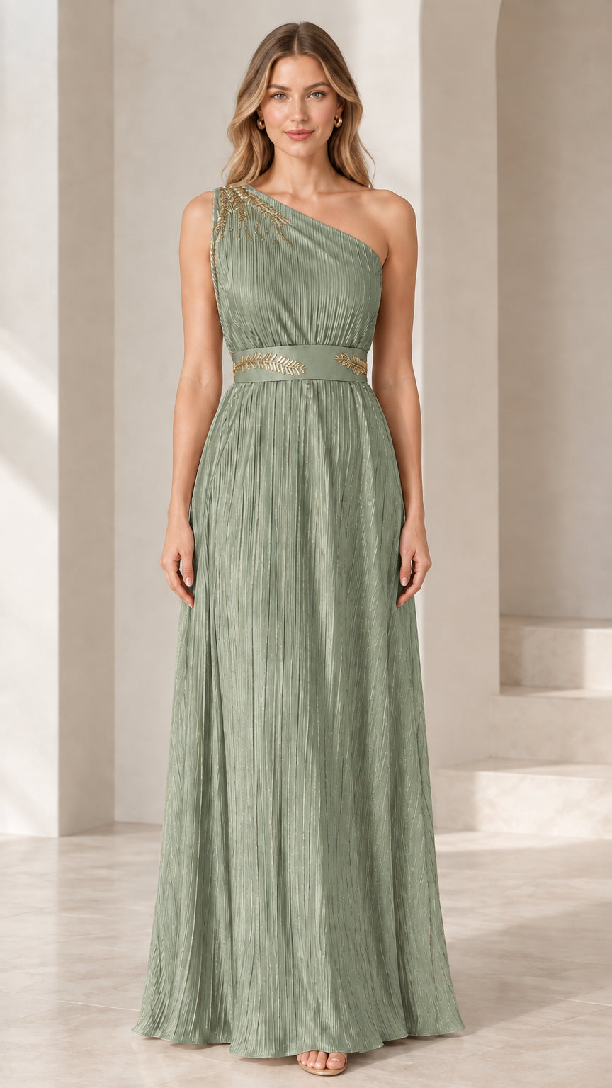 Front view of model wearing Sage Green one-shoulder pleated evening gown