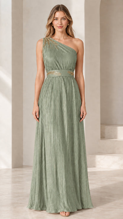 Front view of model wearing Sage Green one-shoulder pleated evening gown