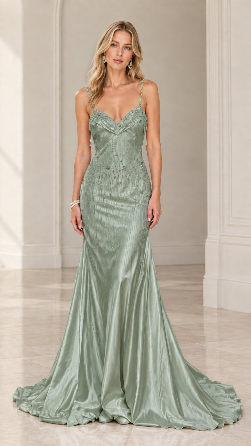 Sage green beaded satin trumpet evening dress on model