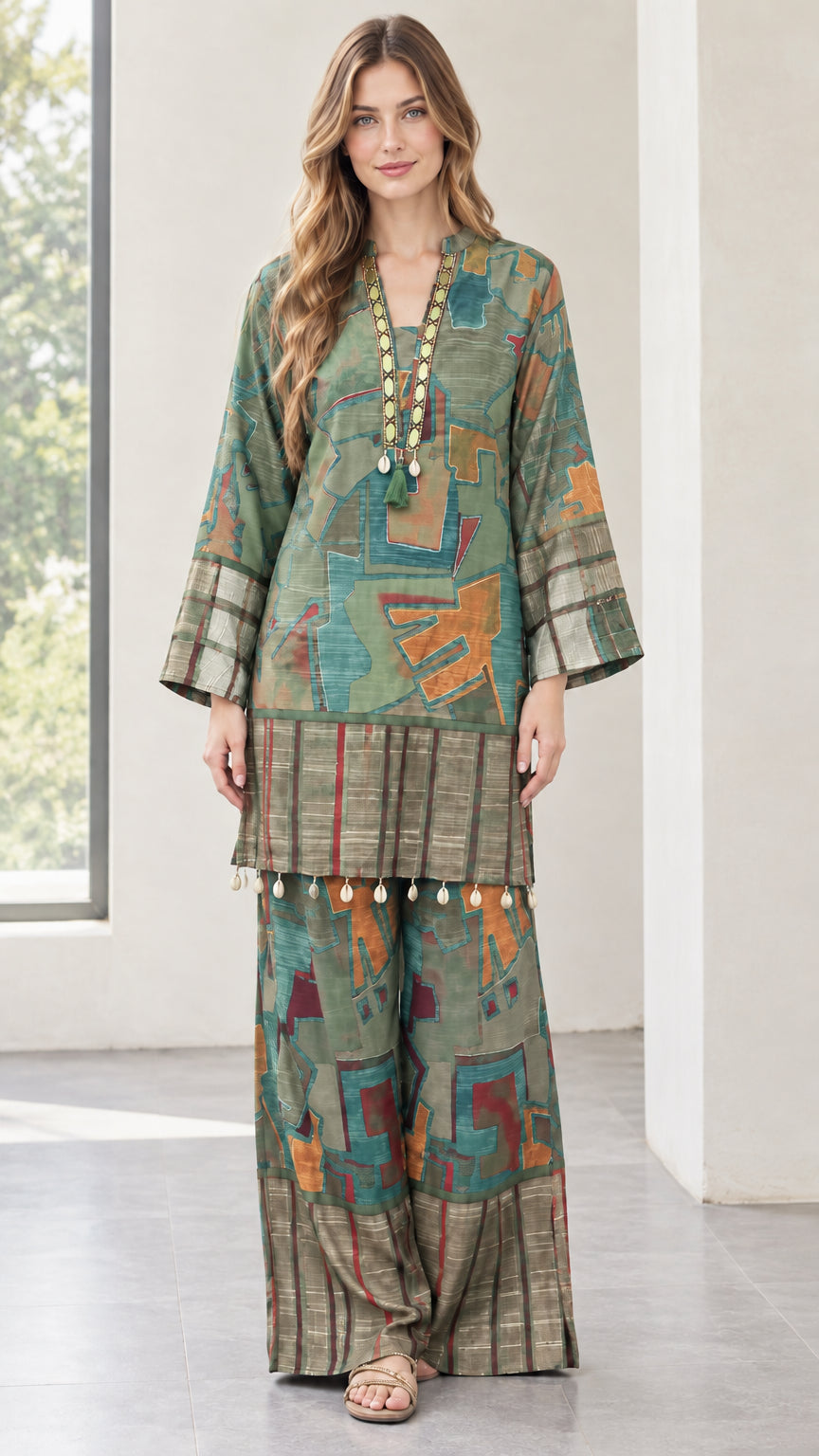 Front view of sage green abstract print tunic and matching wide-leg trousers