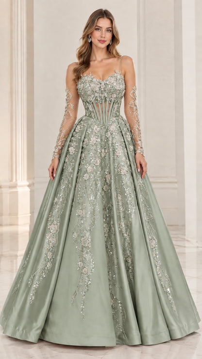 Sage Green floral applique formal ball gown with sheer sleeves