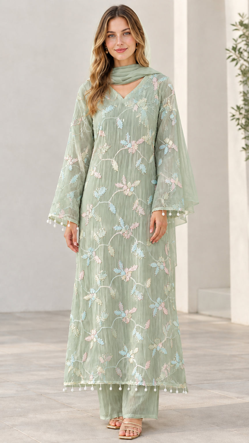 Model wearing sage green floral embroidered 3-piece tunic set