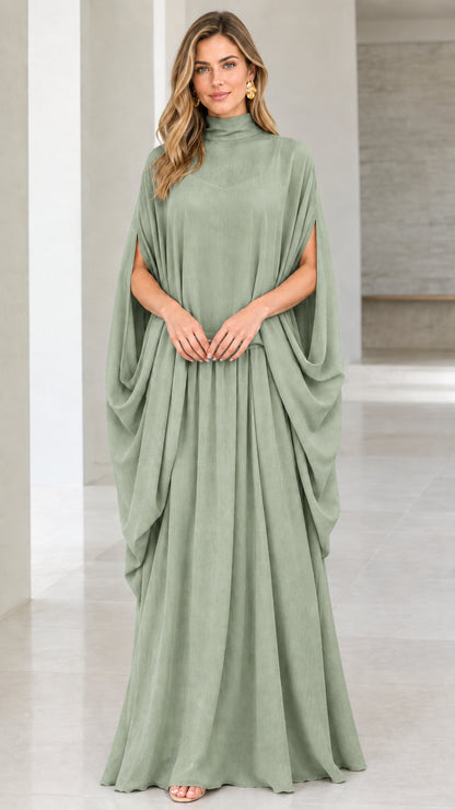 Front view of model wearing sage green high neck cape sleeve maxi dress