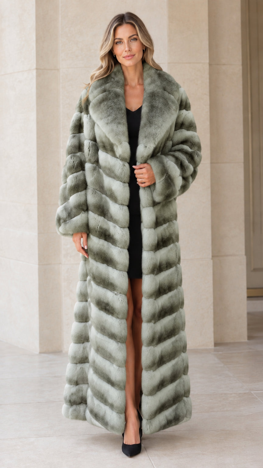 Full-length sage green ribbed chevron faux fur maxi coat