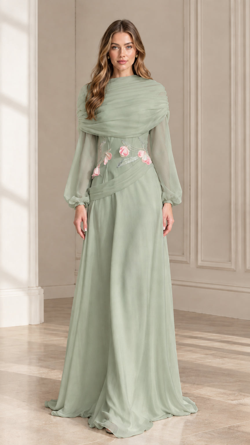 Front view of sage green elegant maxi dress with sheer sleeves and floral waist detail