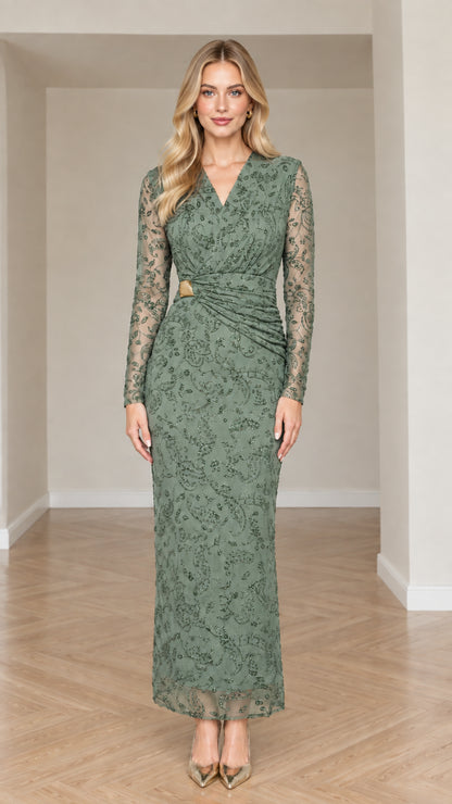 Front view of sage green long sleeve lace formal gown with side gather