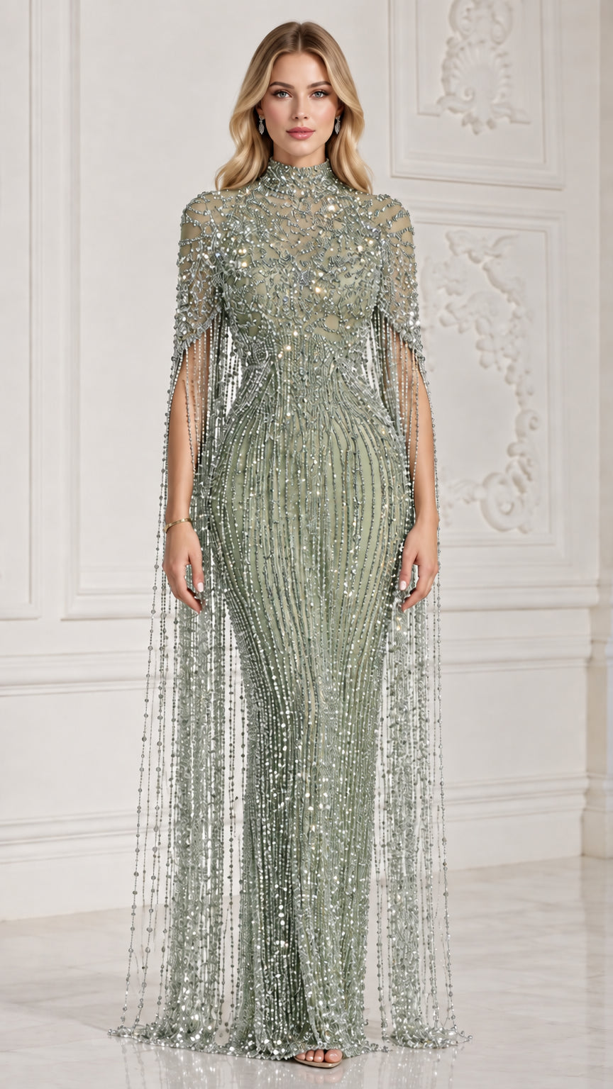 Sage Green beaded floor-length formal evening gown with cape sleeves on model