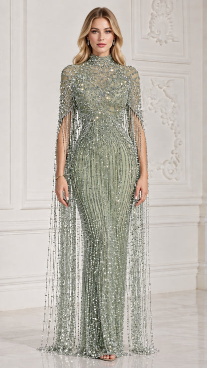 Sage Green beaded floor-length formal evening gown with cape sleeves on model