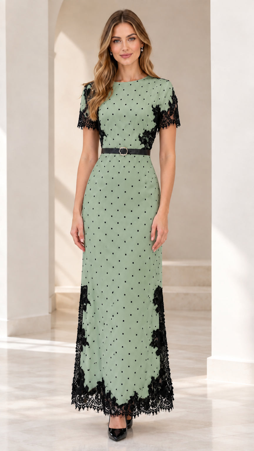 Model wearing sage green polka dot maxi dress with black lace trim and belt
