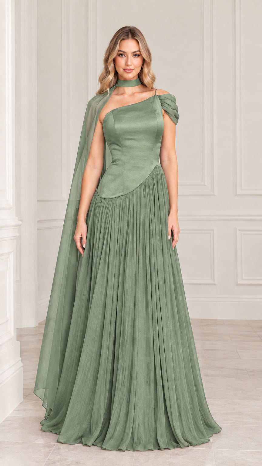 Sage green one-shoulder pleated formal gown with cape sash
