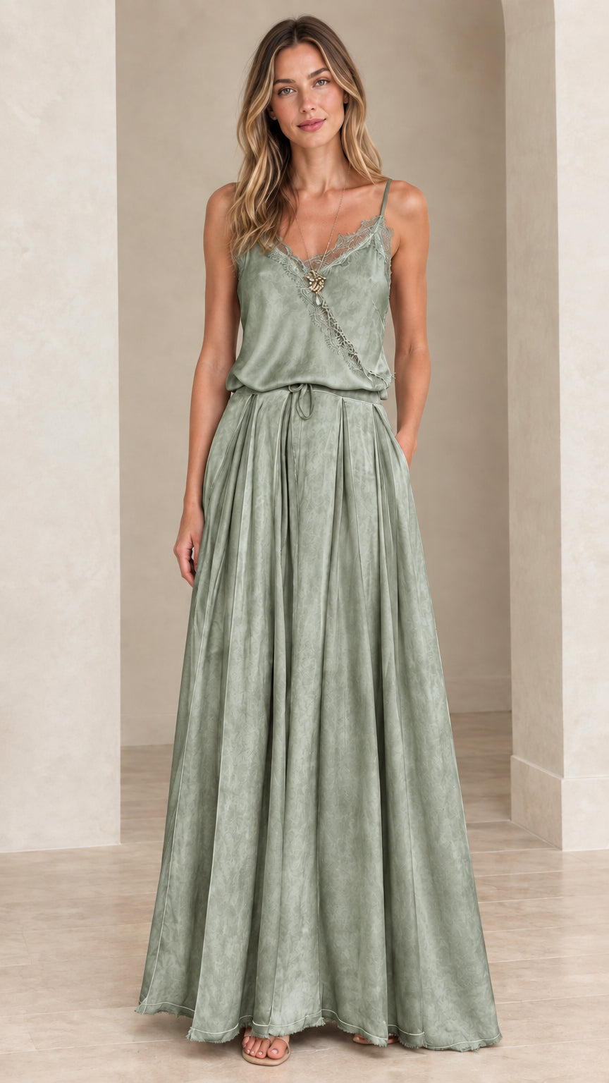 Model wearing sage green lace-trim cami maxi dress