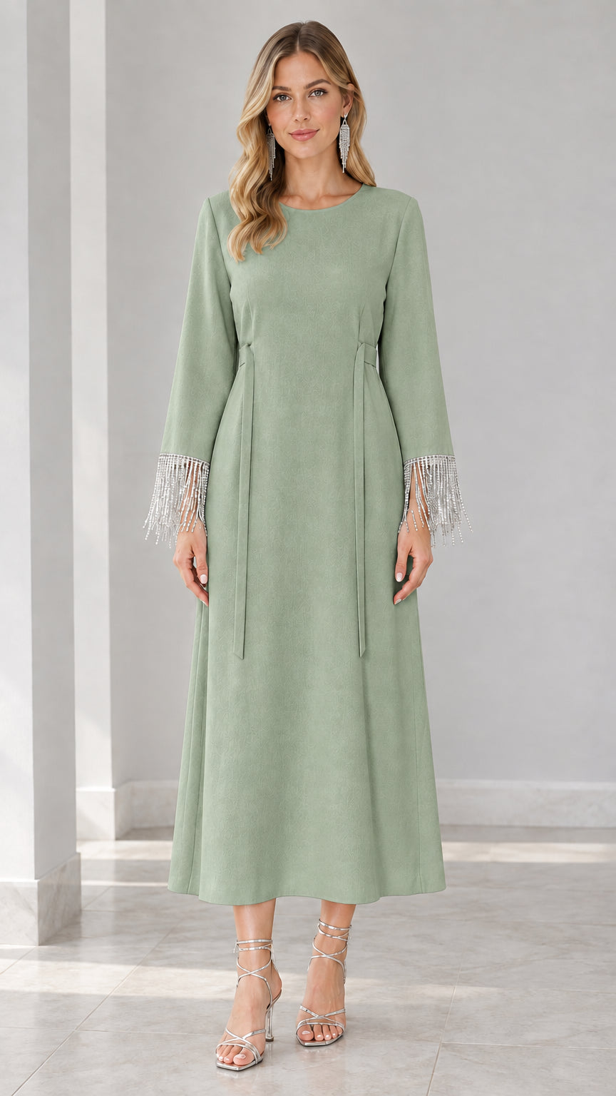 Front view of sage green long sleeve evening dress with fringe cuffs
