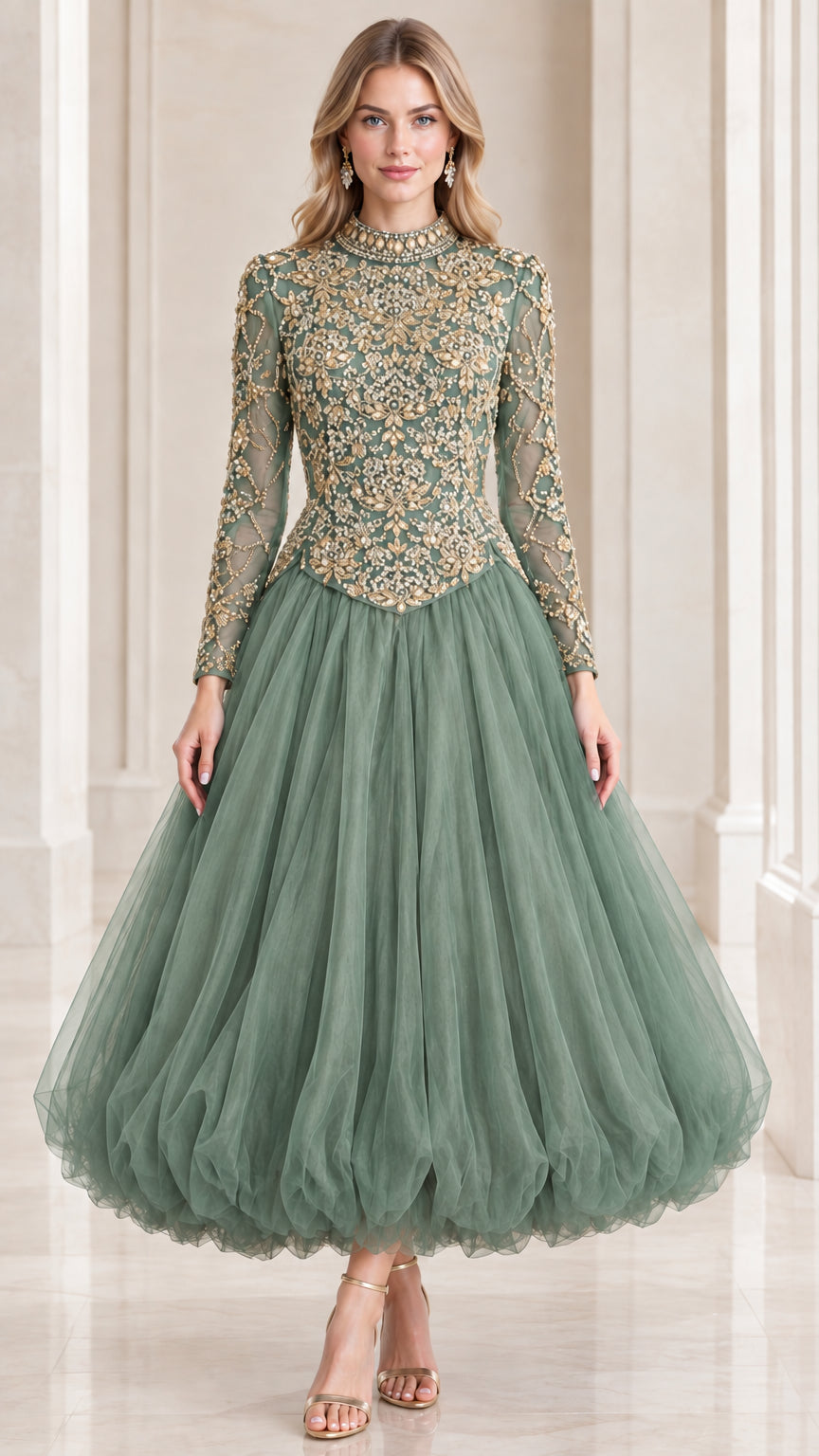Sage green high neck beaded long sleeve tulle ball gown