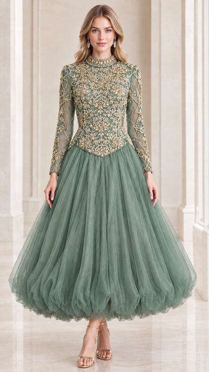Sage green high neck beaded long sleeve tulle ball gown