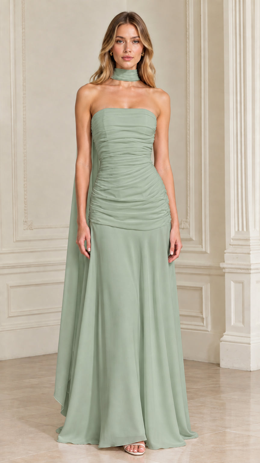 Sage Green strapless ruched formal maxi dress with scarf accessory