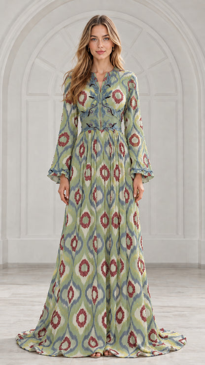 Front view of model wearing sage green ikat print pleated maxi dress