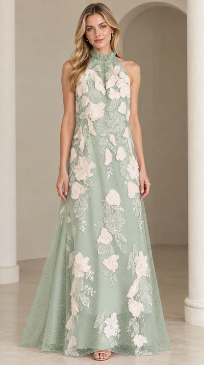 Front view of sage green halter formal dress with dimensional floral embroidery